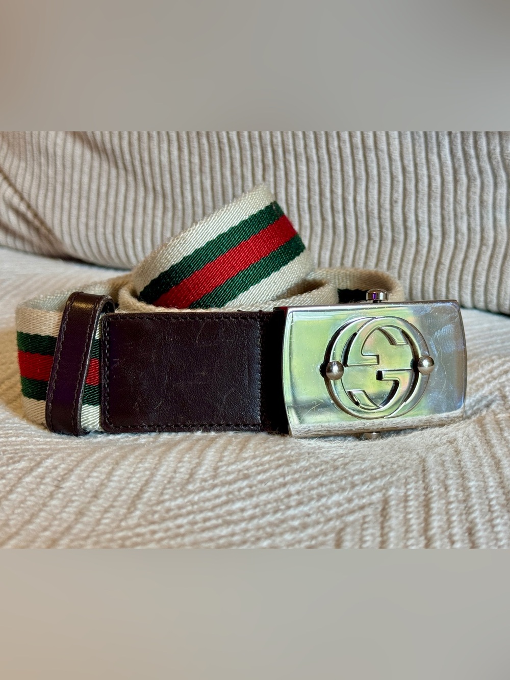 Gucci Canvas Web Belt with Leather Trim and Silver Double G Buckle size 85